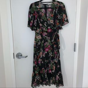 Calvin Klein Flutter Sleeve Floral Midi Wrap Dress (Size 8)